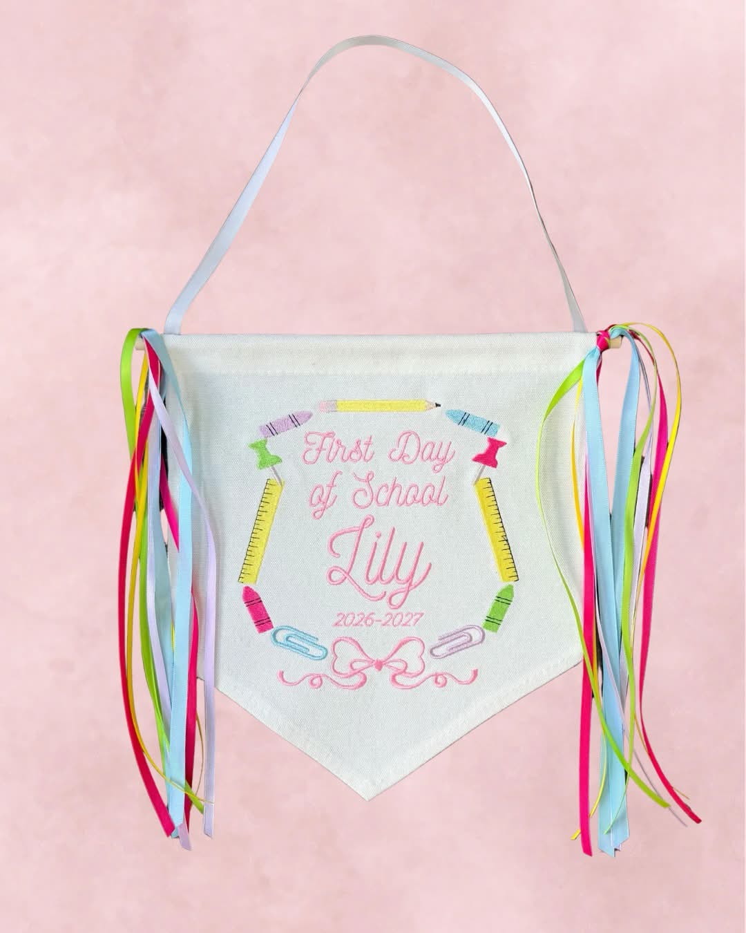 First Day of School banner with name and ribbon ties