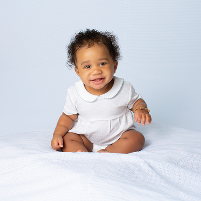 Paty Organic Cotton Baby Boy Onesie with Peter Pan Collar and Pleated Front