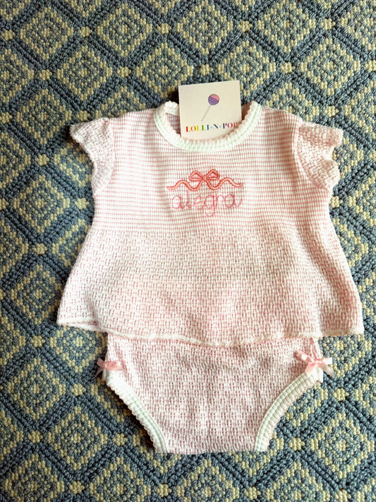 John Oliver Designs - Pink striped bubble/onesie with Lollin Pop tag, bow design