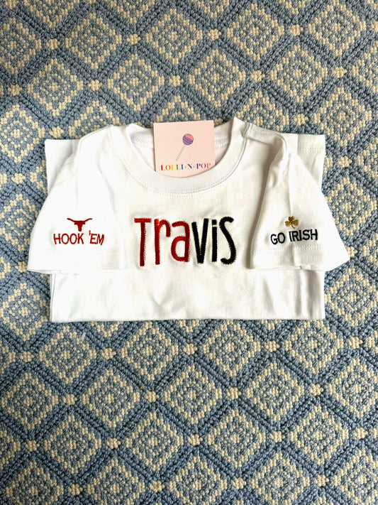 John Oliver Designs - Onesie: 'Hook Em' longhorn + 'Go Irish' clover, Lollin Pop tag