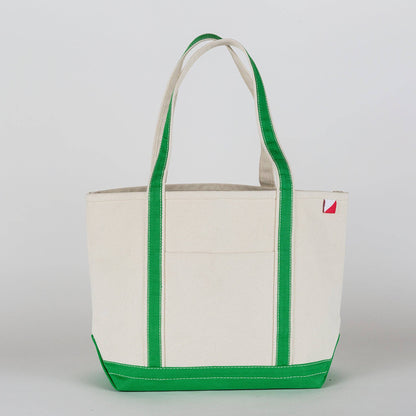 Personalized canvas tote in natural cream canvas with Green trim, embroidered in San Antonio