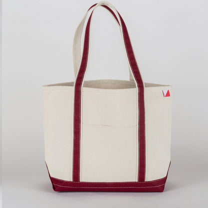 Personalized canvas tote in natural cream canvas with Maroon trim, embroidered in San Antonio