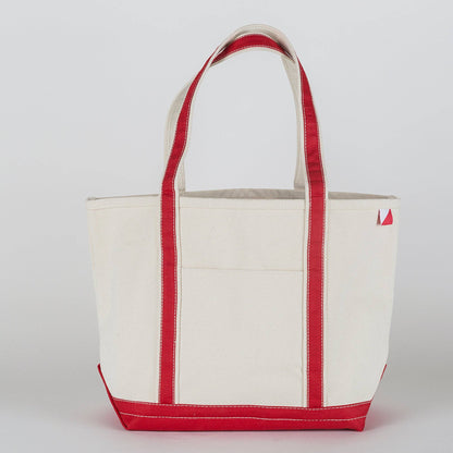 Personalized canvas tote in natural cream canvas with Red trim, embroidered in San Antonio